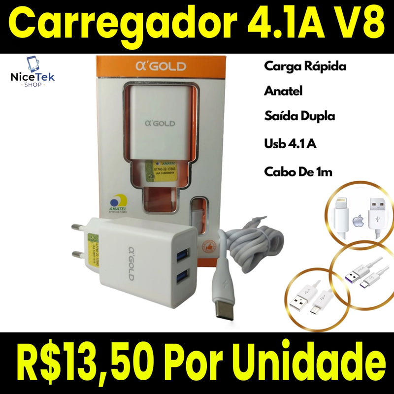 Carregador Turbo V8 A'Gold 4.1 Original Entrada USB Dupla