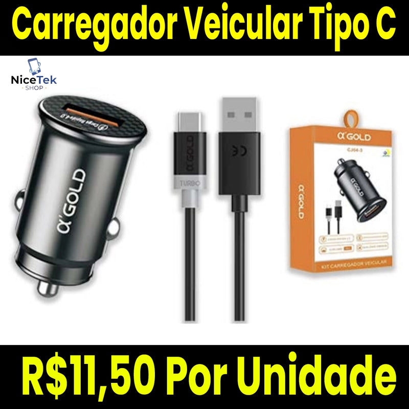 Carregador Veicular Rápido Tipo C Com Cabo e Dupla Conexão