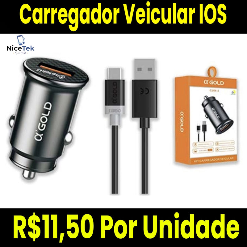 Carregador Veicular Rápido IOS Com Cabo e Dupla Conexão