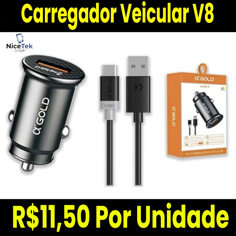 Carregador Veicular Rápido V8 Com Cabo e Dupla Conexão